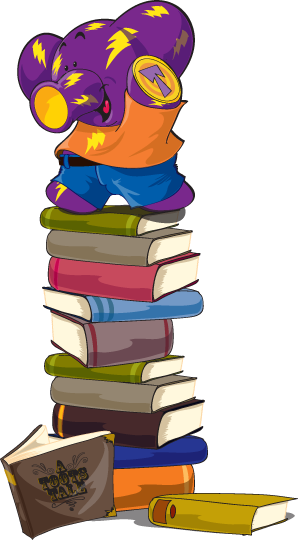 zap standing on a stack of educational reading books